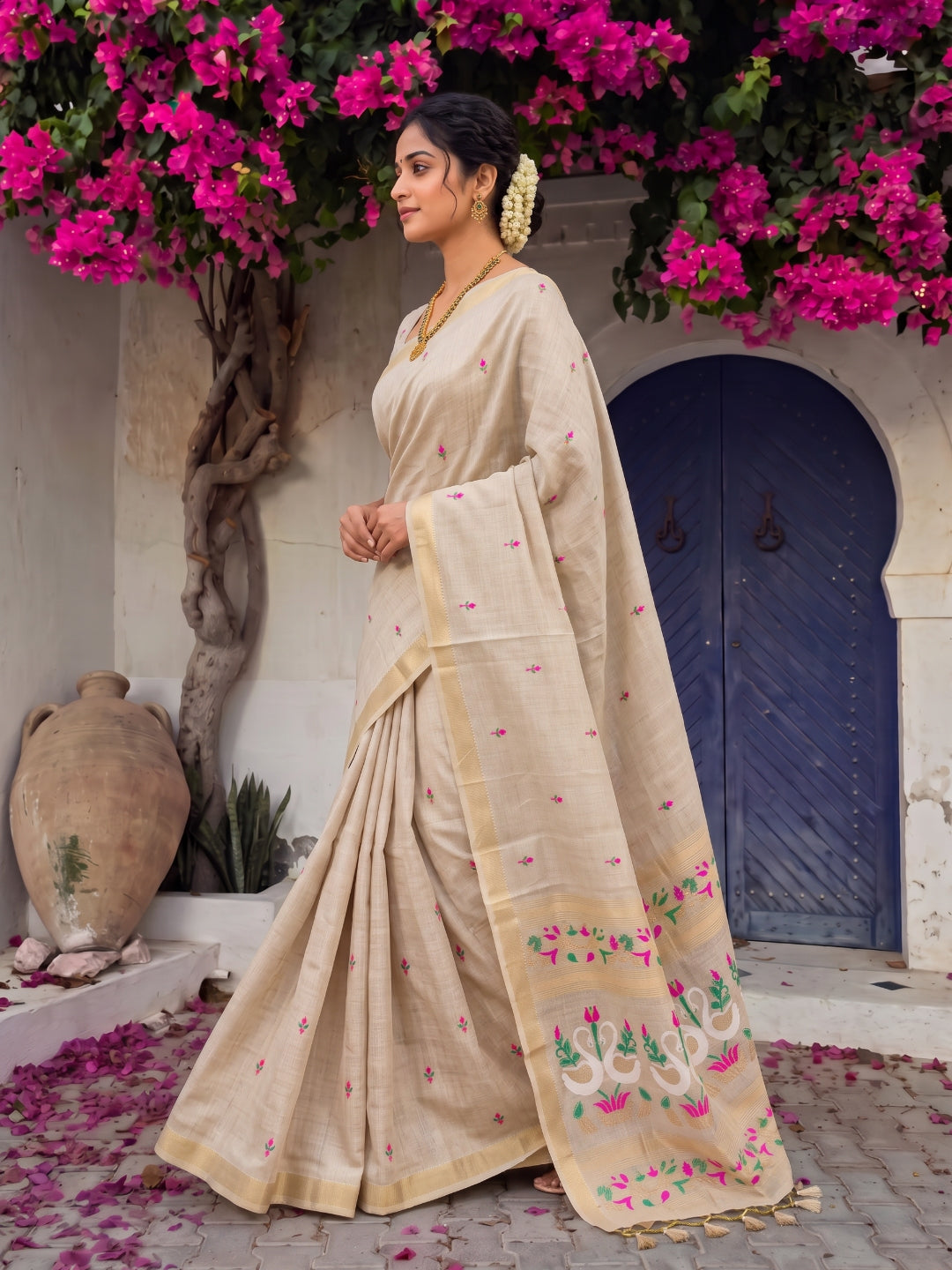 White Premium Soft Muga Cotton Swan Pattern Saree