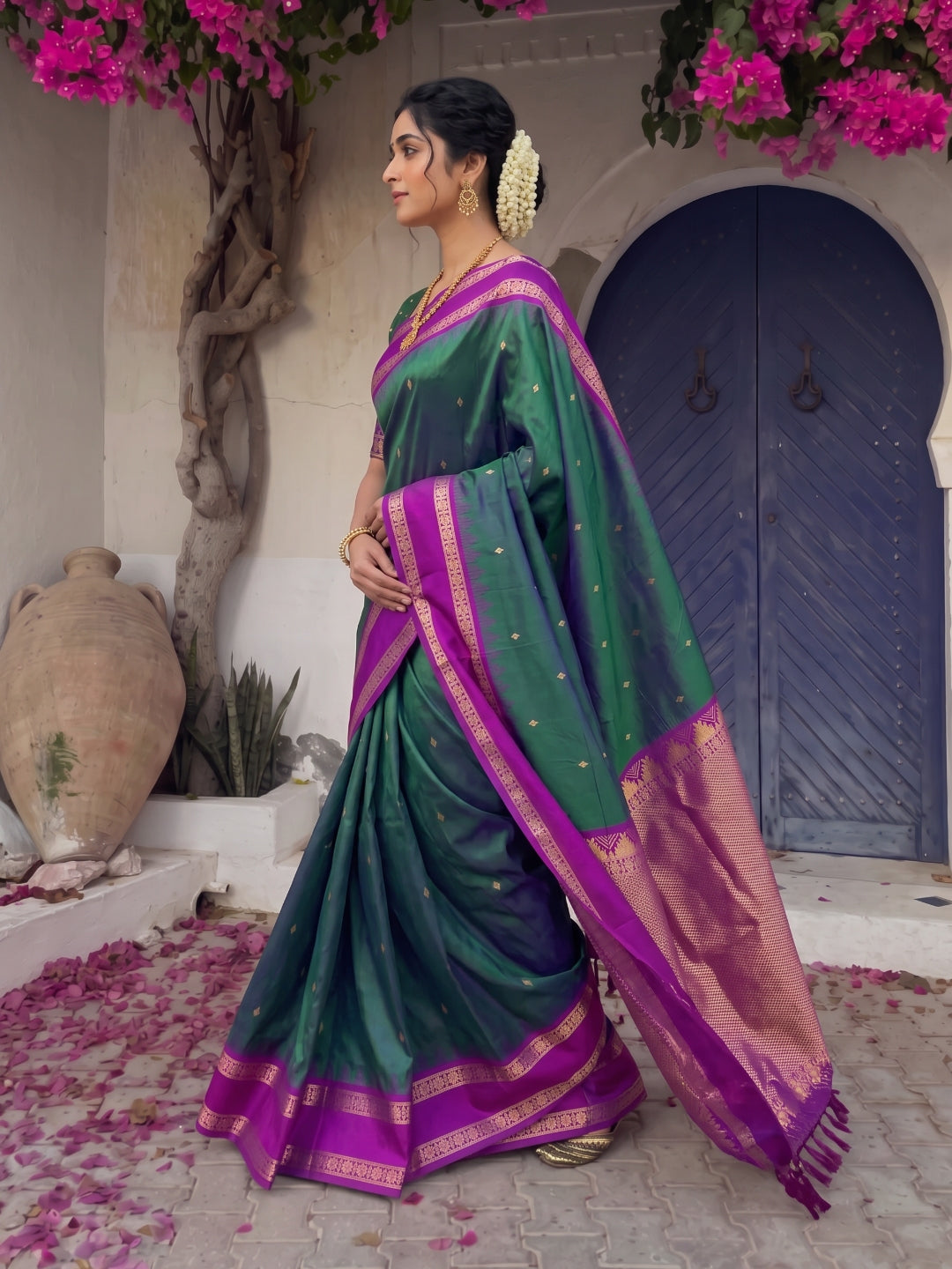 Peacock Blue Soft Ikkat Silk Zari Woven Saree with Rudraksham Concept Saree