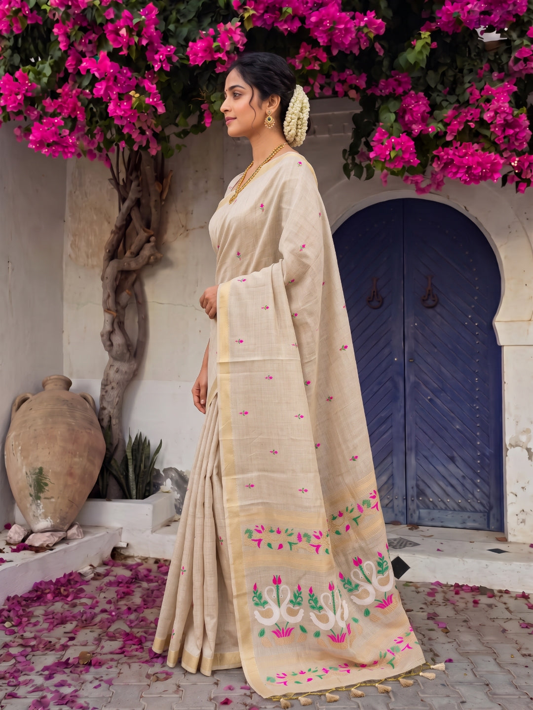 White Premium Soft Muga Cotton Swan Pattern Saree