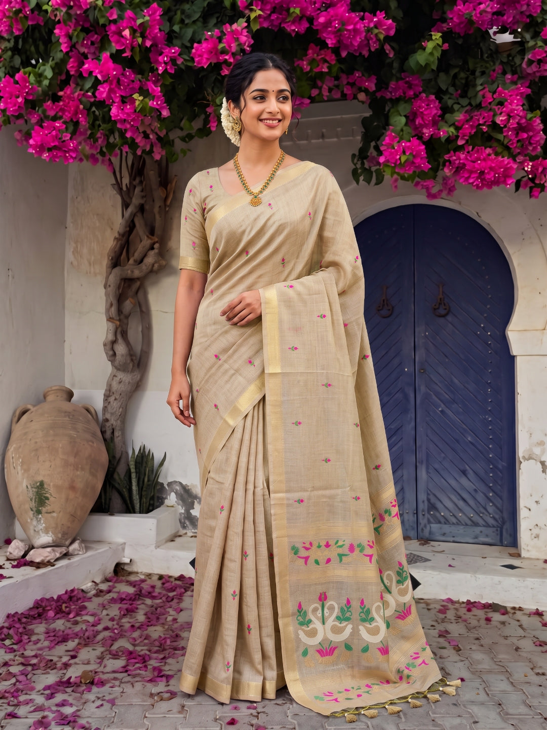 Chickoo Premium Soft Muga Cotton Swan Pattern Saree
