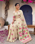 White Soft Flora Cotton Resham Saree with Lotus Pattern Saree