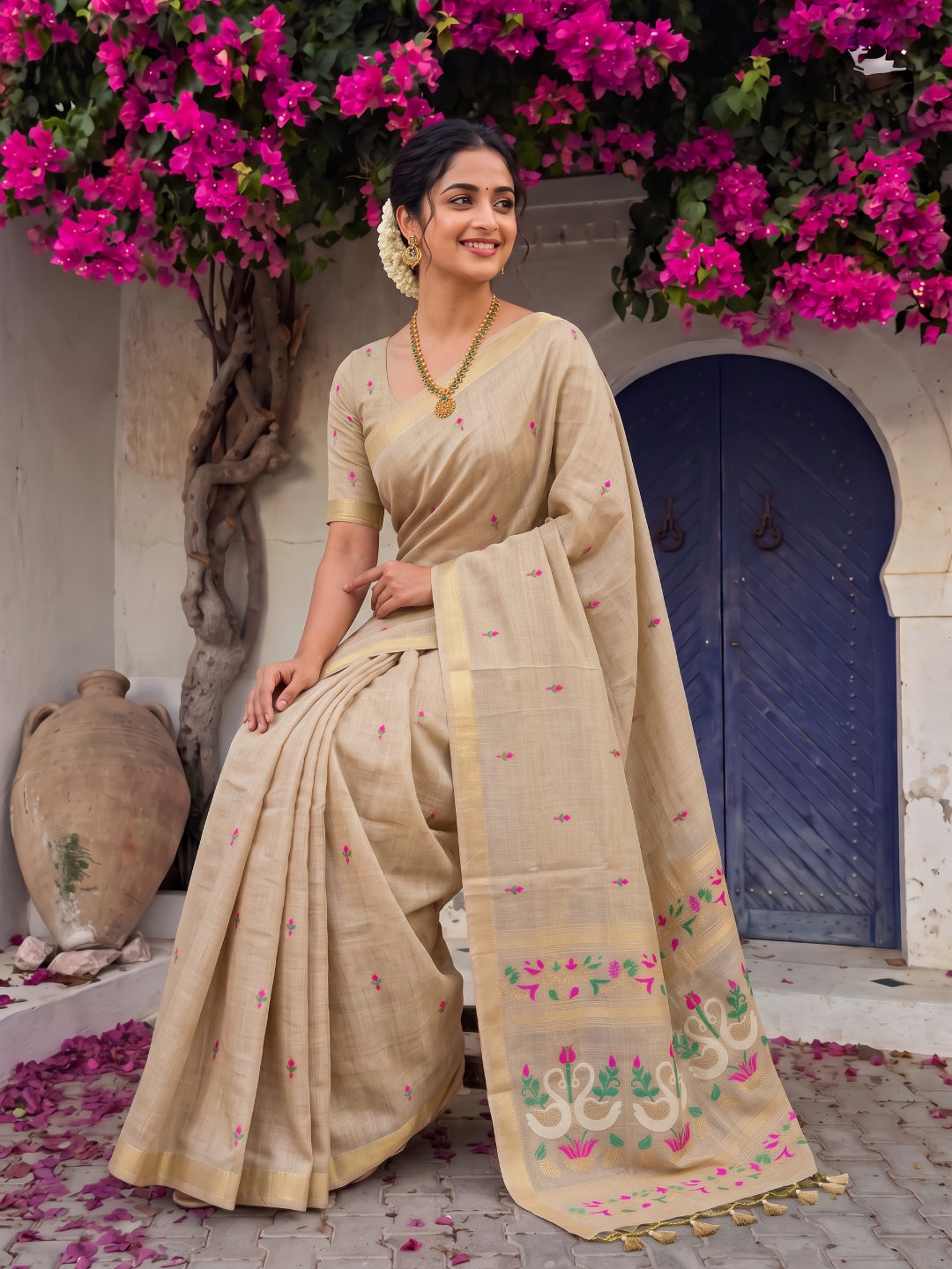 Chickoo Premium Soft Muga Cotton Swan Pattern Saree