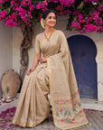 Chickoo Premium Soft Muga Cotton Swan Pattern Saree
