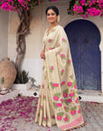 White Soft Flora Cotton Resham Saree with Lotus Pattern Saree
