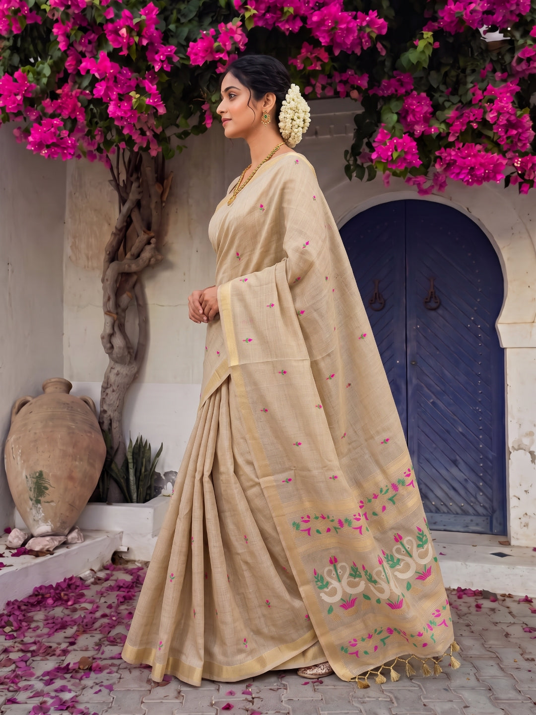 Chickoo Premium Soft Muga Cotton Swan Pattern Saree