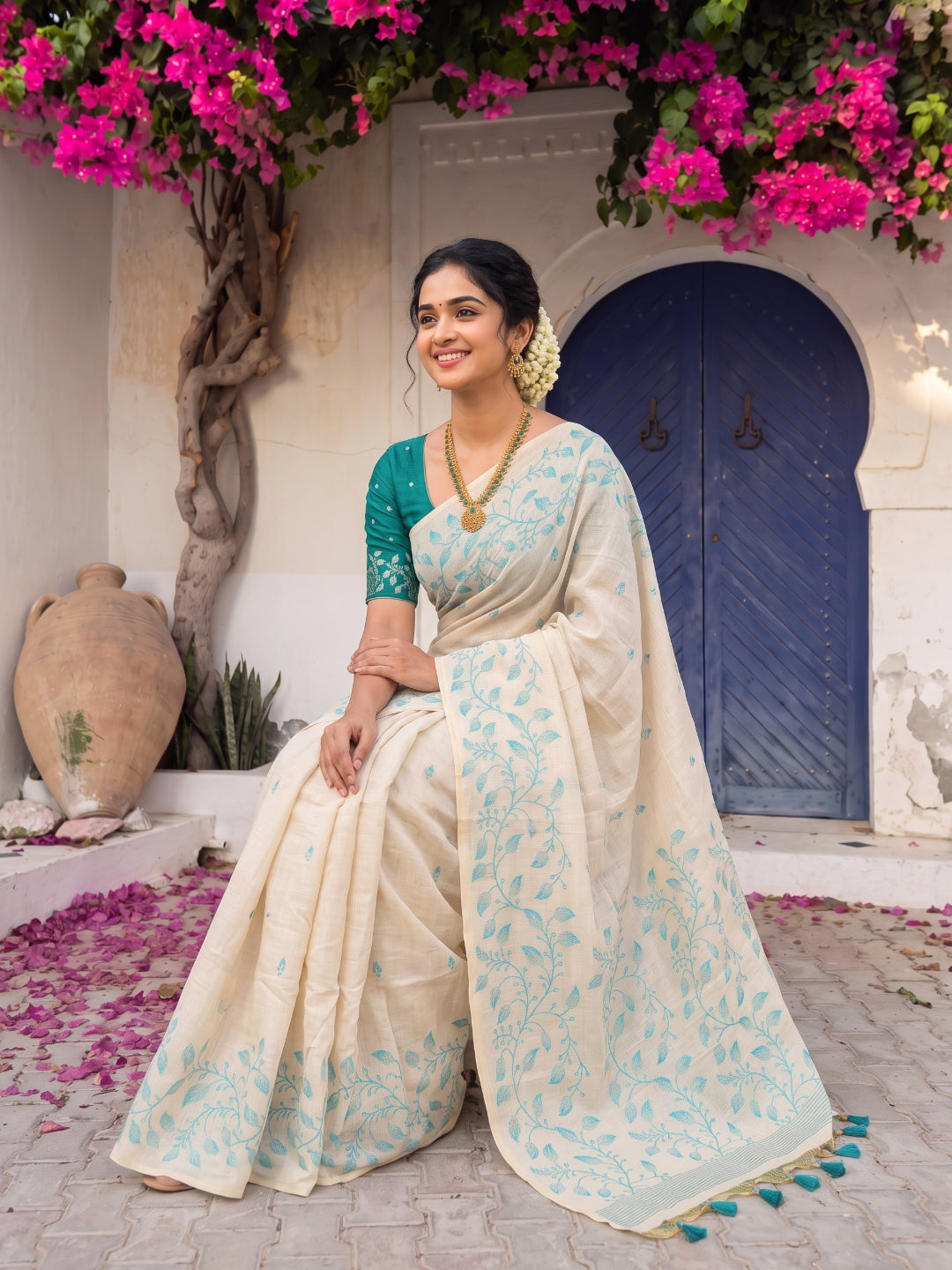 Sky Blue Premium Soft Matka Cotton with Jamdani Concept Saree