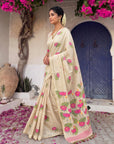 White Soft Flora Cotton Resham Saree with Lotus Pattern Saree