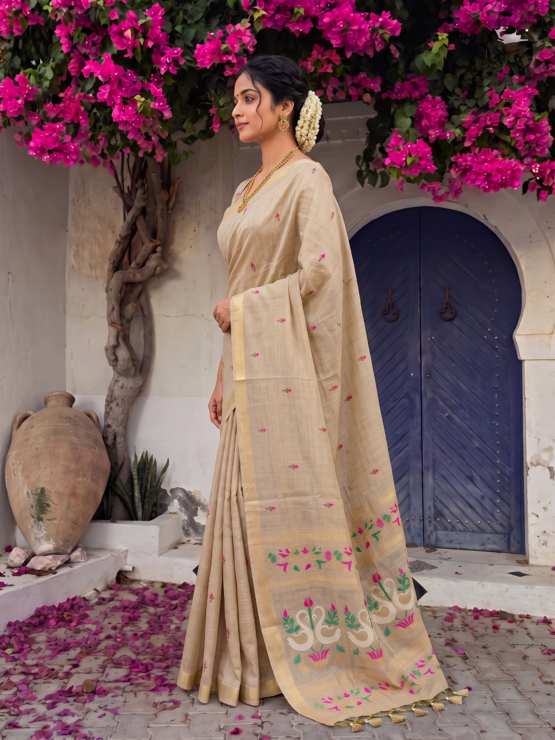 Chickoo Premium Soft Muga Cotton Swan Pattern Saree