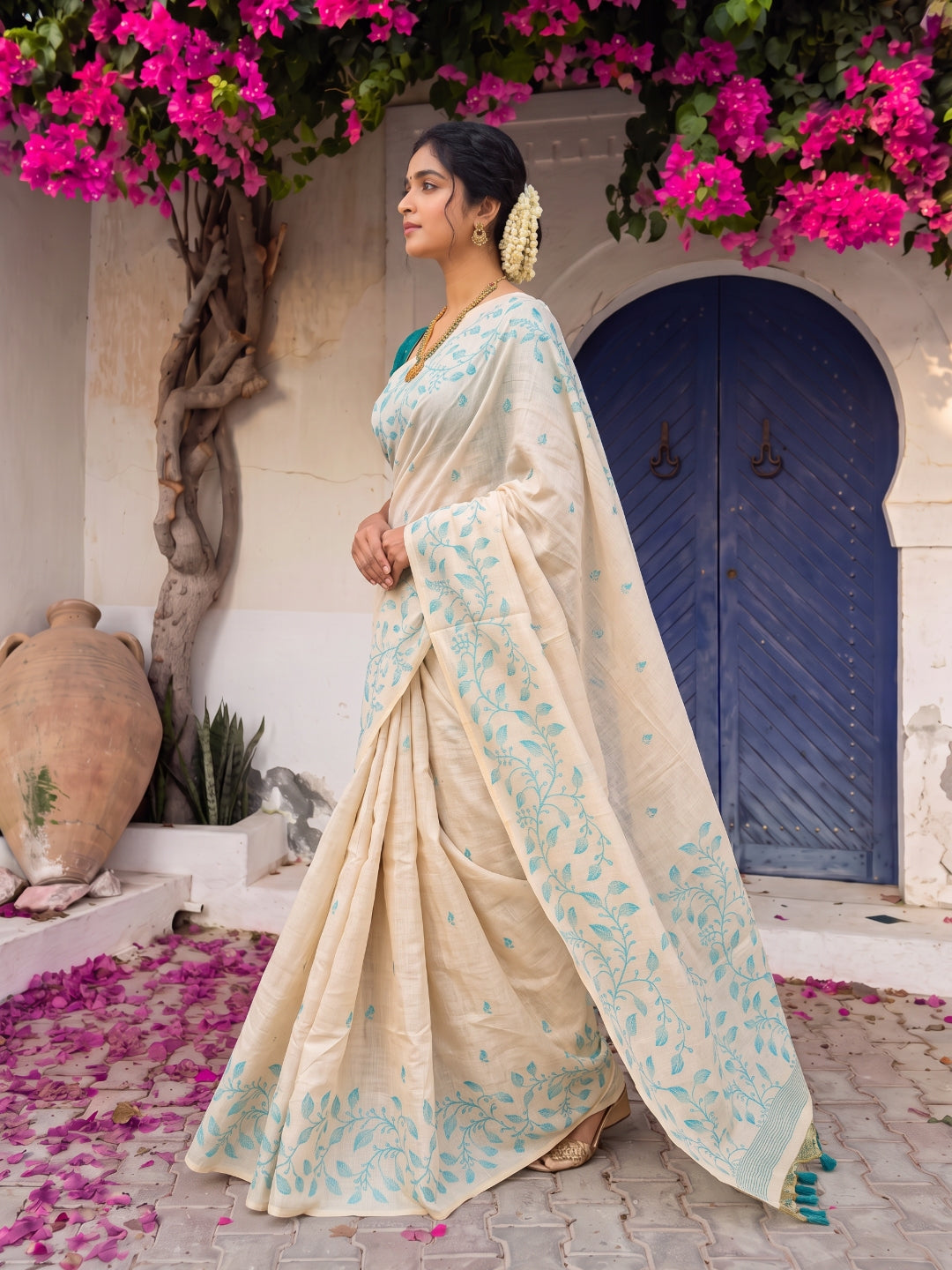 Sky Blue Premium Soft Matka Cotton with Jamdani Concept Saree