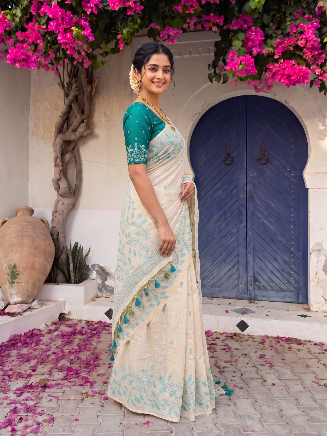 Sky Blue Premium Soft Matka Cotton with Jamdani Concept Saree