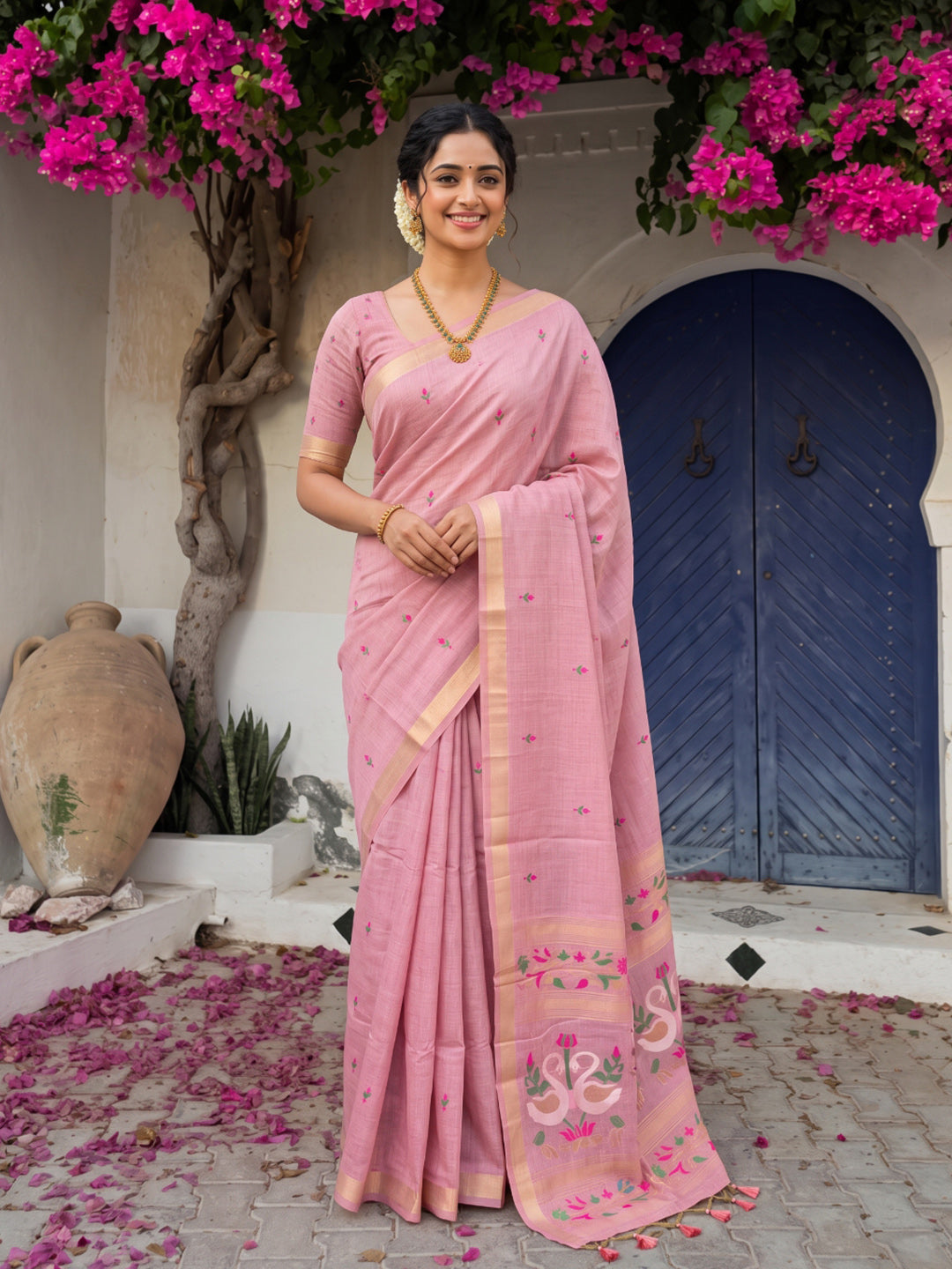 Pink Premium Soft Muga Cotton Swan Pattern Saree