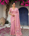 Pink Premium Soft Muga Cotton Swan Pattern Saree