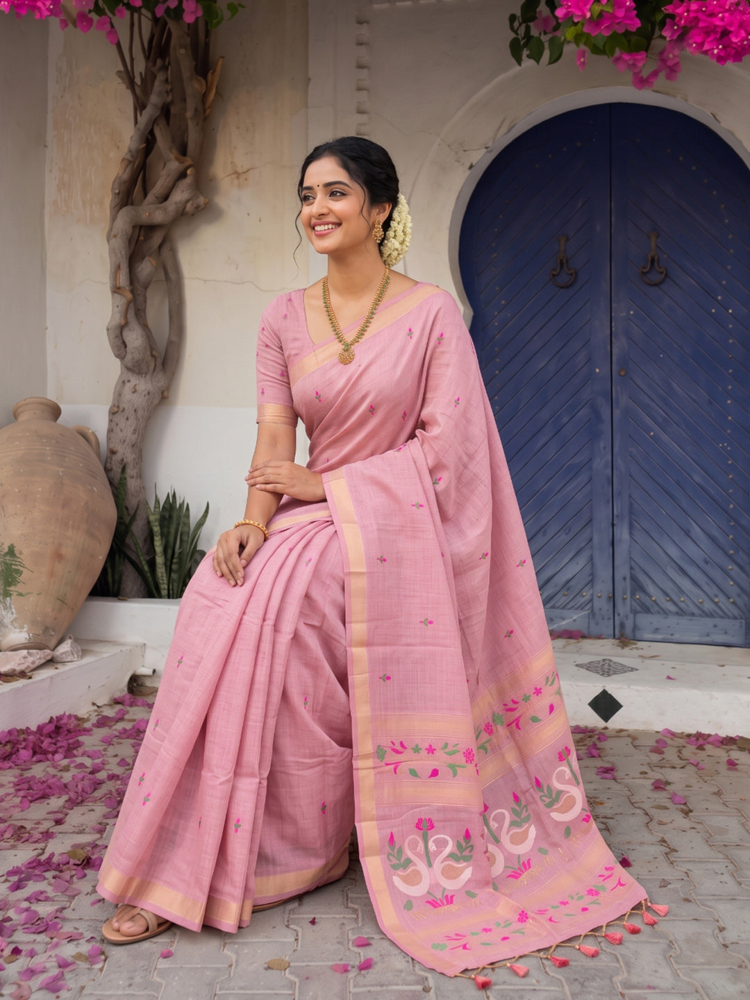 Pink Premium Soft Muga Cotton Swan Pattern Saree