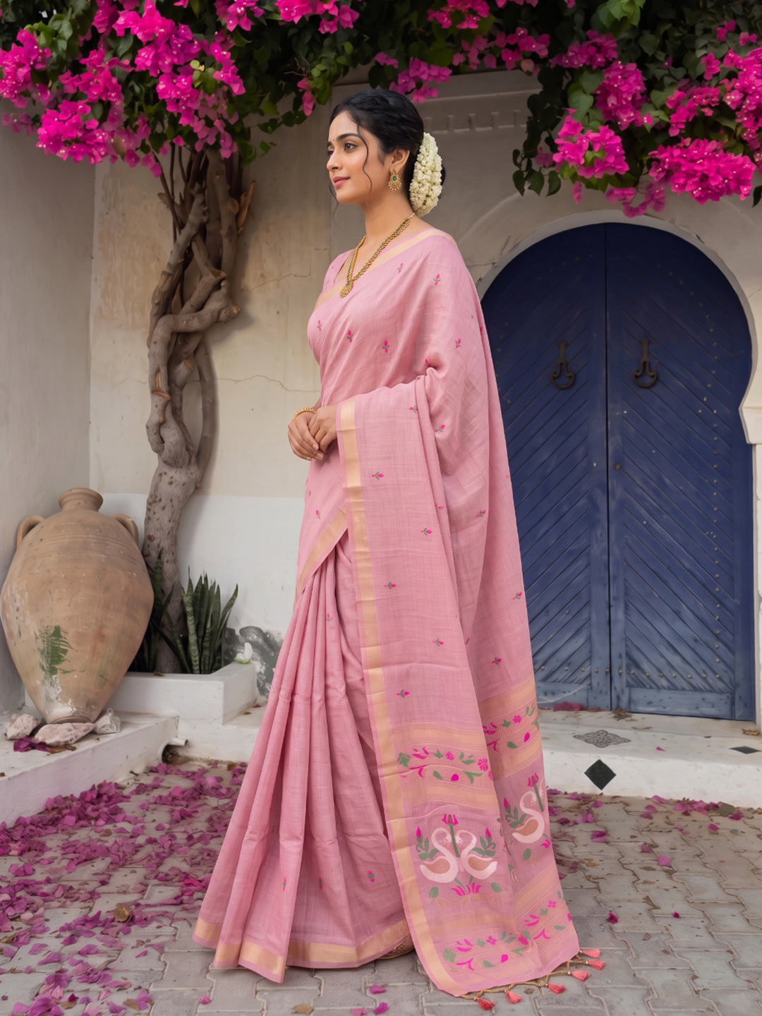 Pink Premium Soft Muga Cotton Swan Pattern Saree