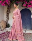 Pink Premium Soft Muga Cotton Swan Pattern Saree