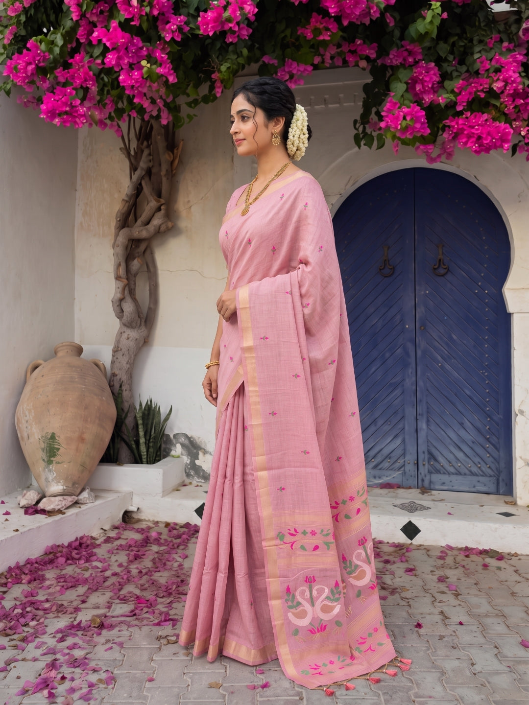 Pink Premium Soft Muga Cotton Swan Pattern Saree
