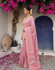 Pink Premium Soft Muga Cotton Swan Pattern Saree