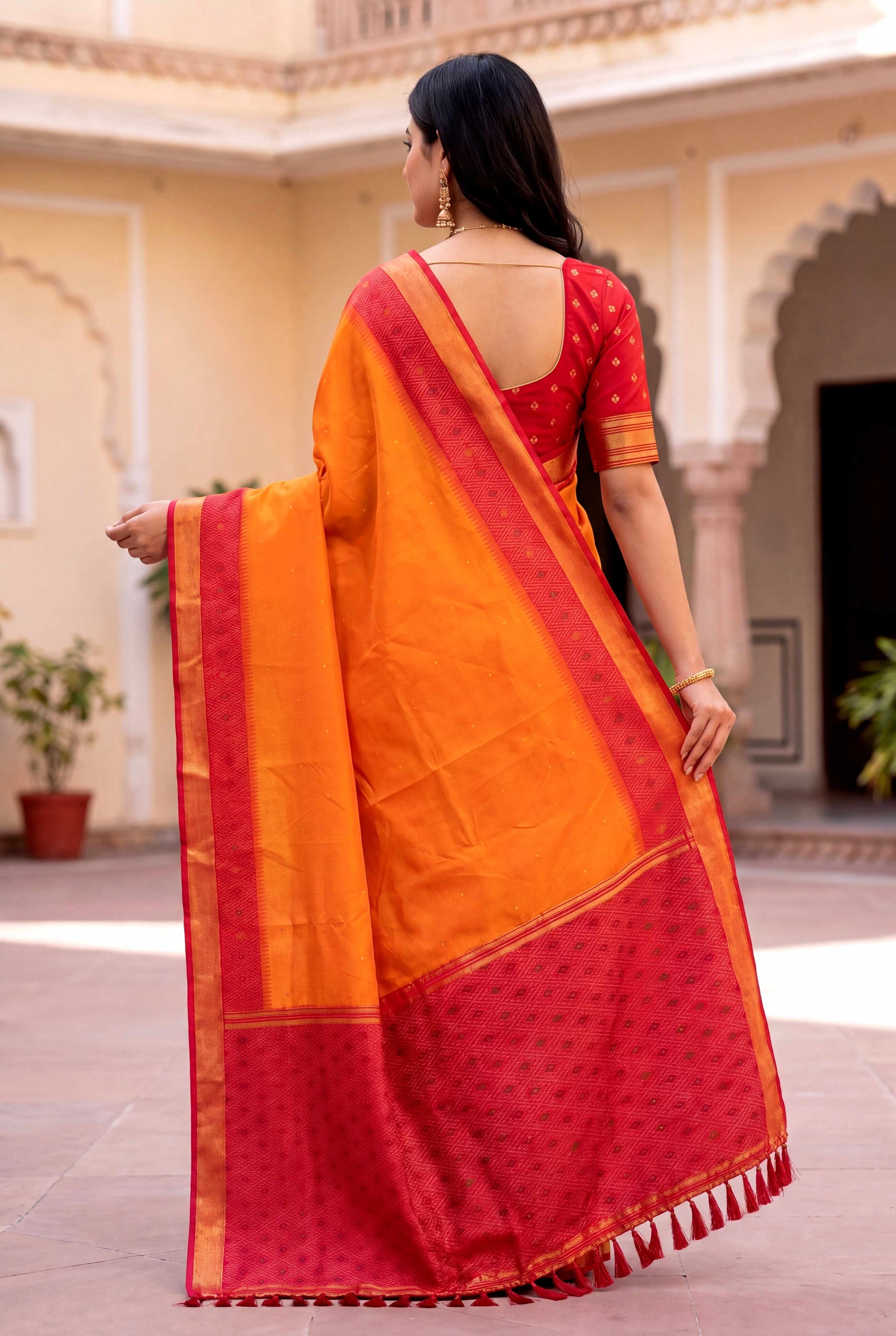 Orange Soft Ikkat Pochampally Patola Silk Zari Woven Saree
