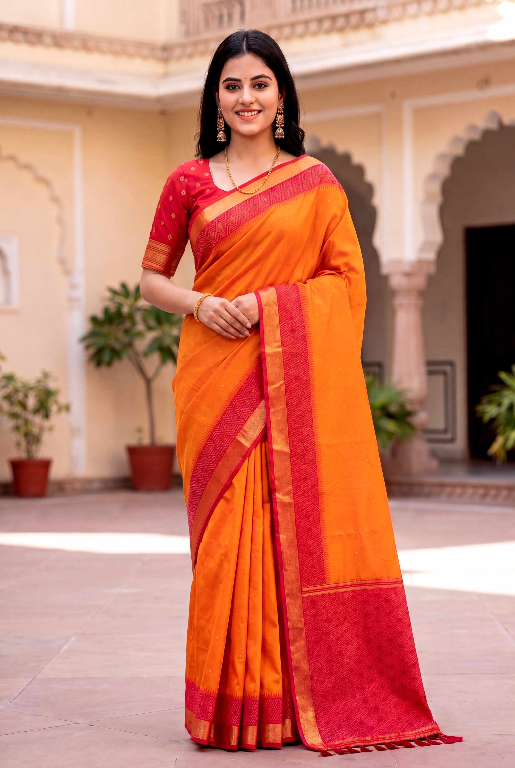 Orange Soft Ikkat Pochampally Patola Silk Zari Woven Saree
