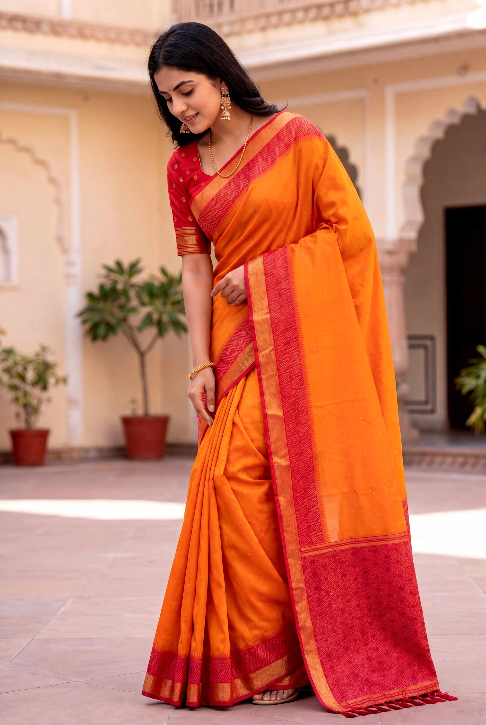 Orange Soft Ikkat Pochampally Patola Silk Zari Woven Saree