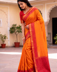 Orange Soft Ikkat Pochampally Patola Silk Zari Woven Saree