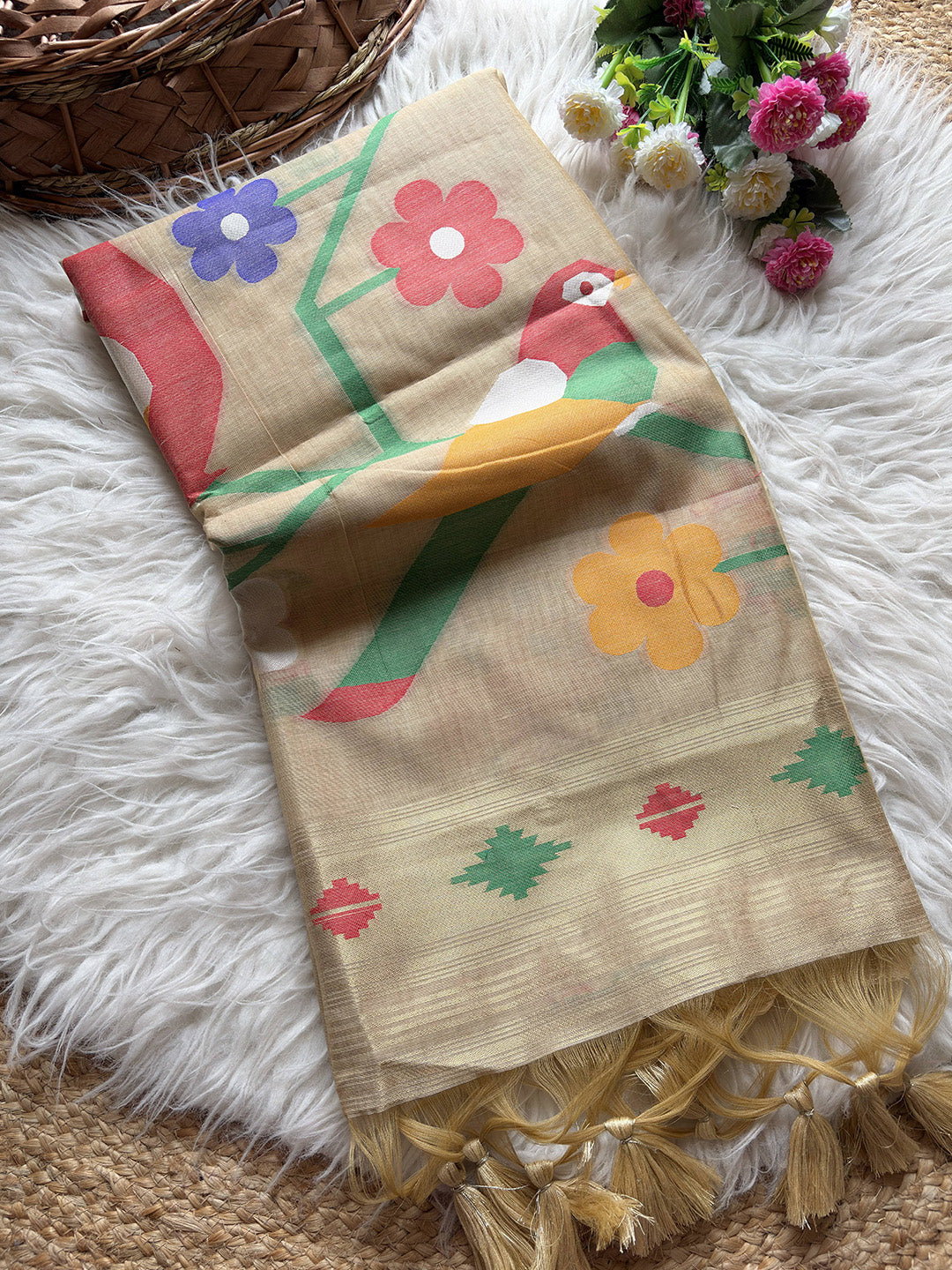 Beige scarf with colorful floral patterns on a fluffy white surface.