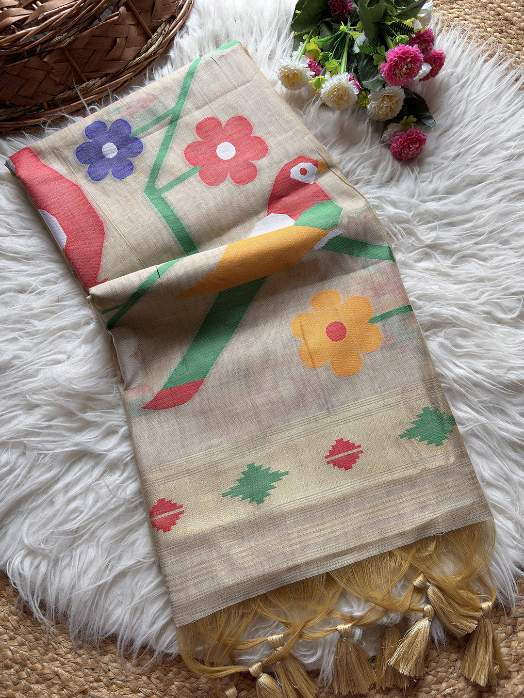 Decorative scarf with colorful floral and bird patterns on a textured surface.