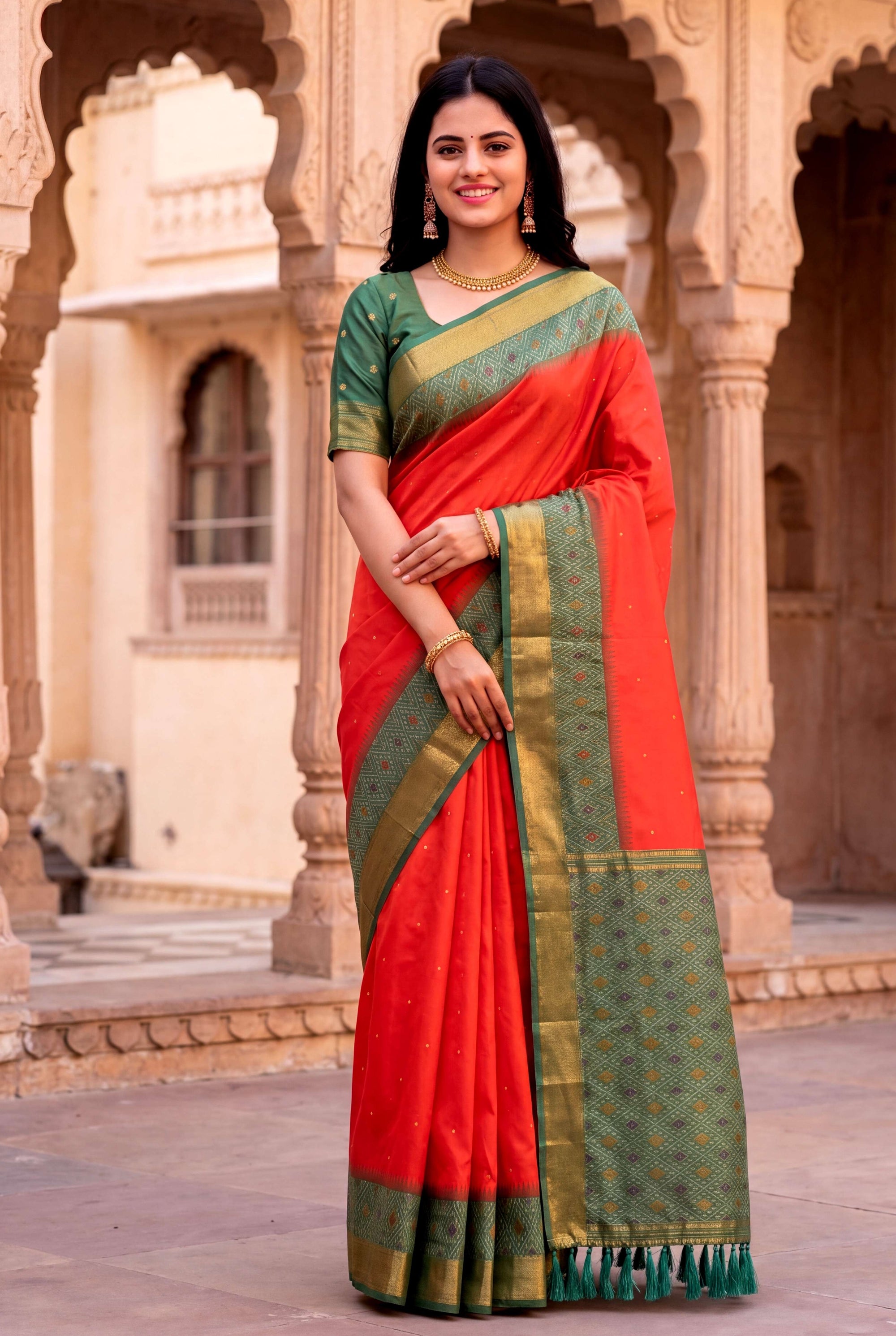 Peach Soft Ikkat Pochampally Patola Silk Zari Woven Saree