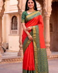 Peach Soft Ikkat Pochampally Patola Silk Zari Woven Saree