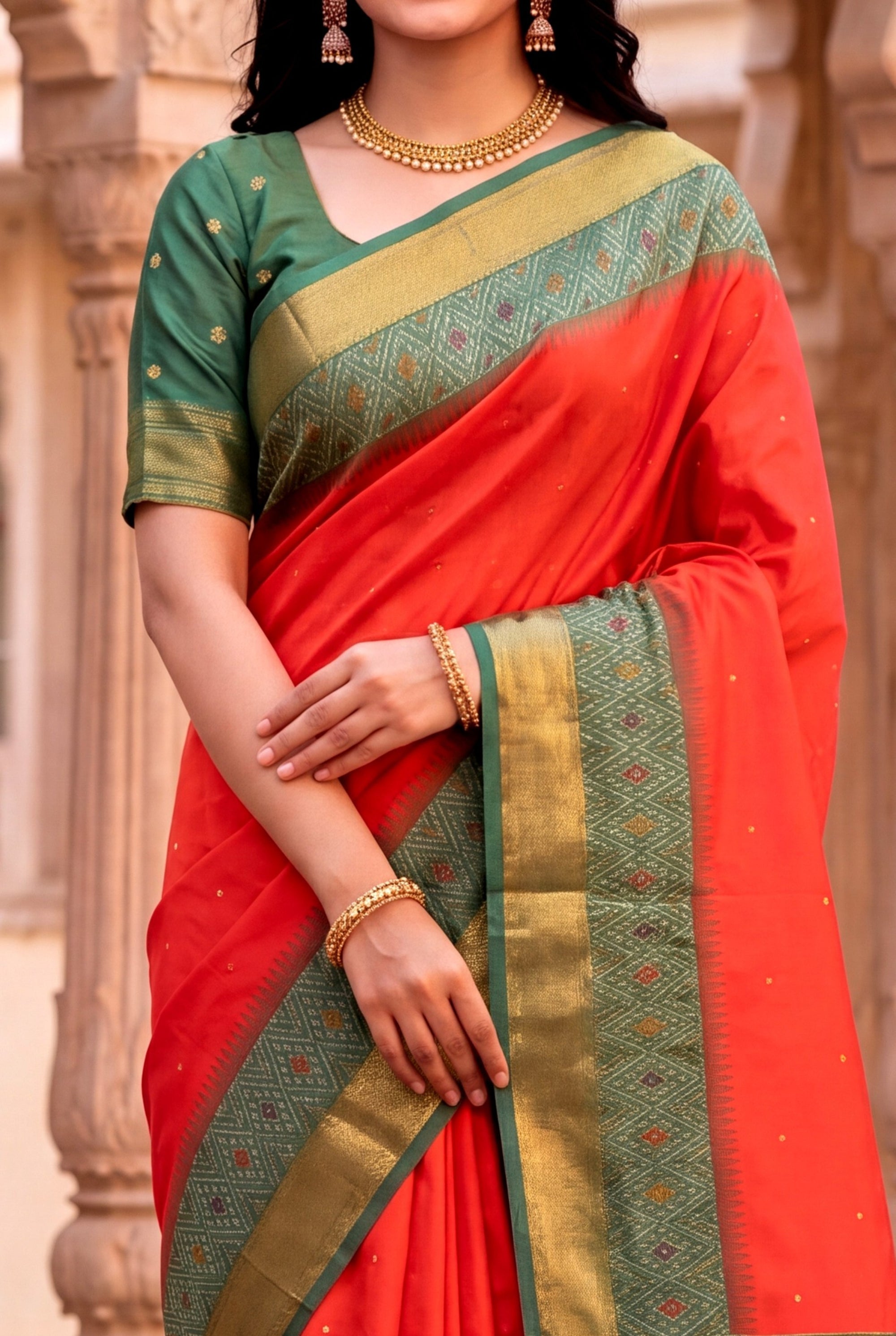 Peach Soft Ikkat Pochampally Patola Silk Zari Woven Saree