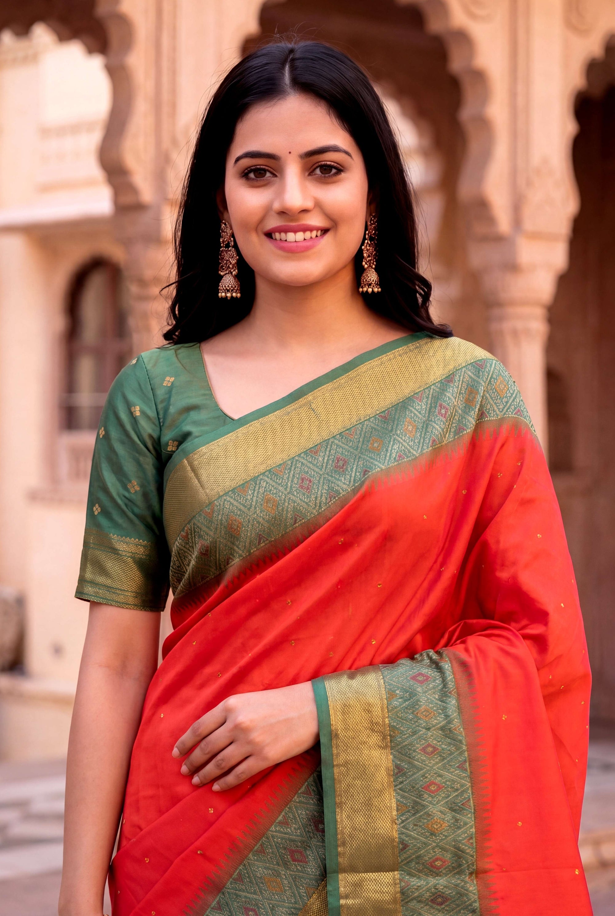 Peach Soft Ikkat Pochampally Patola Silk Zari Woven Saree