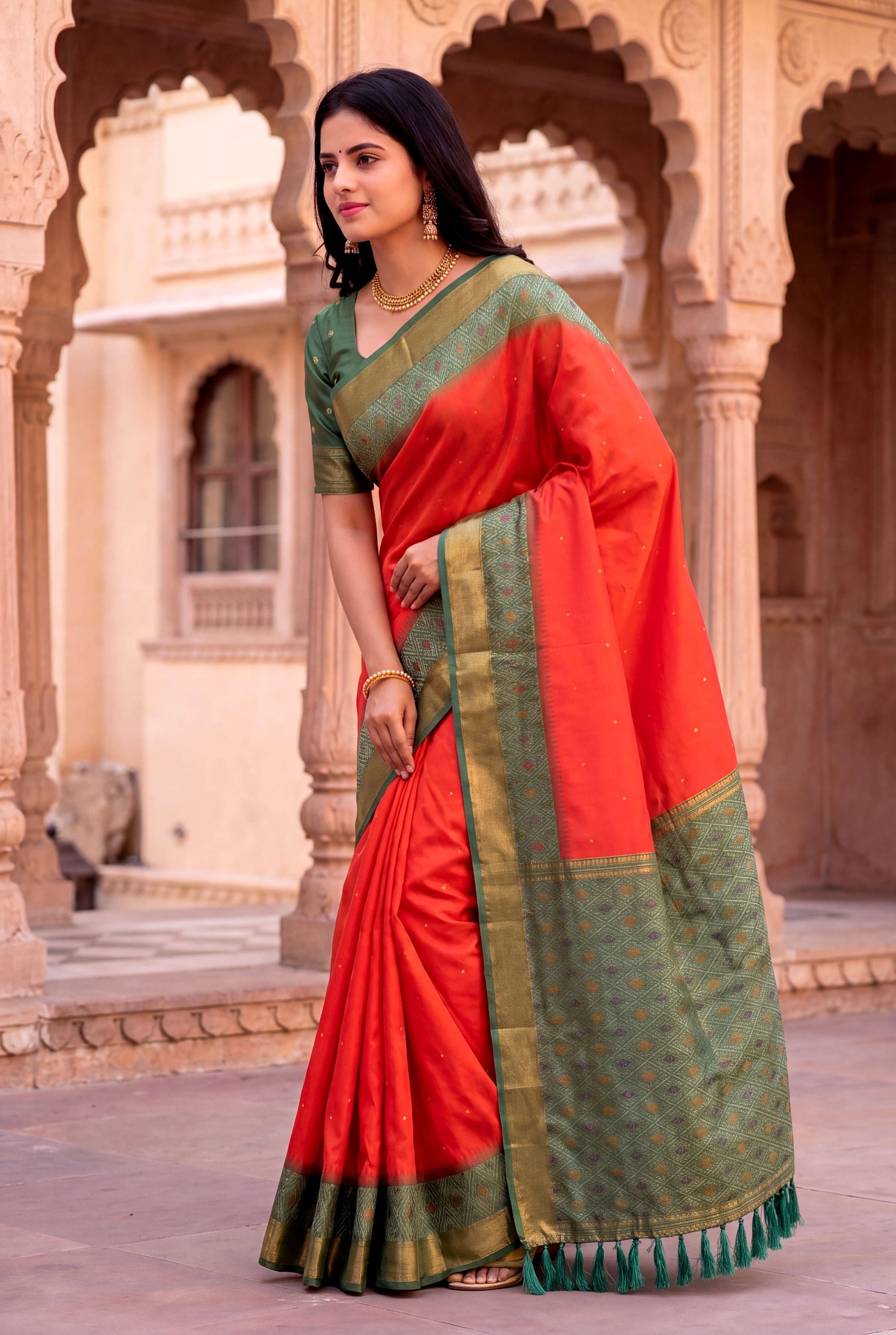 Peach Soft Ikkat Pochampally Patola Silk Zari Woven Saree