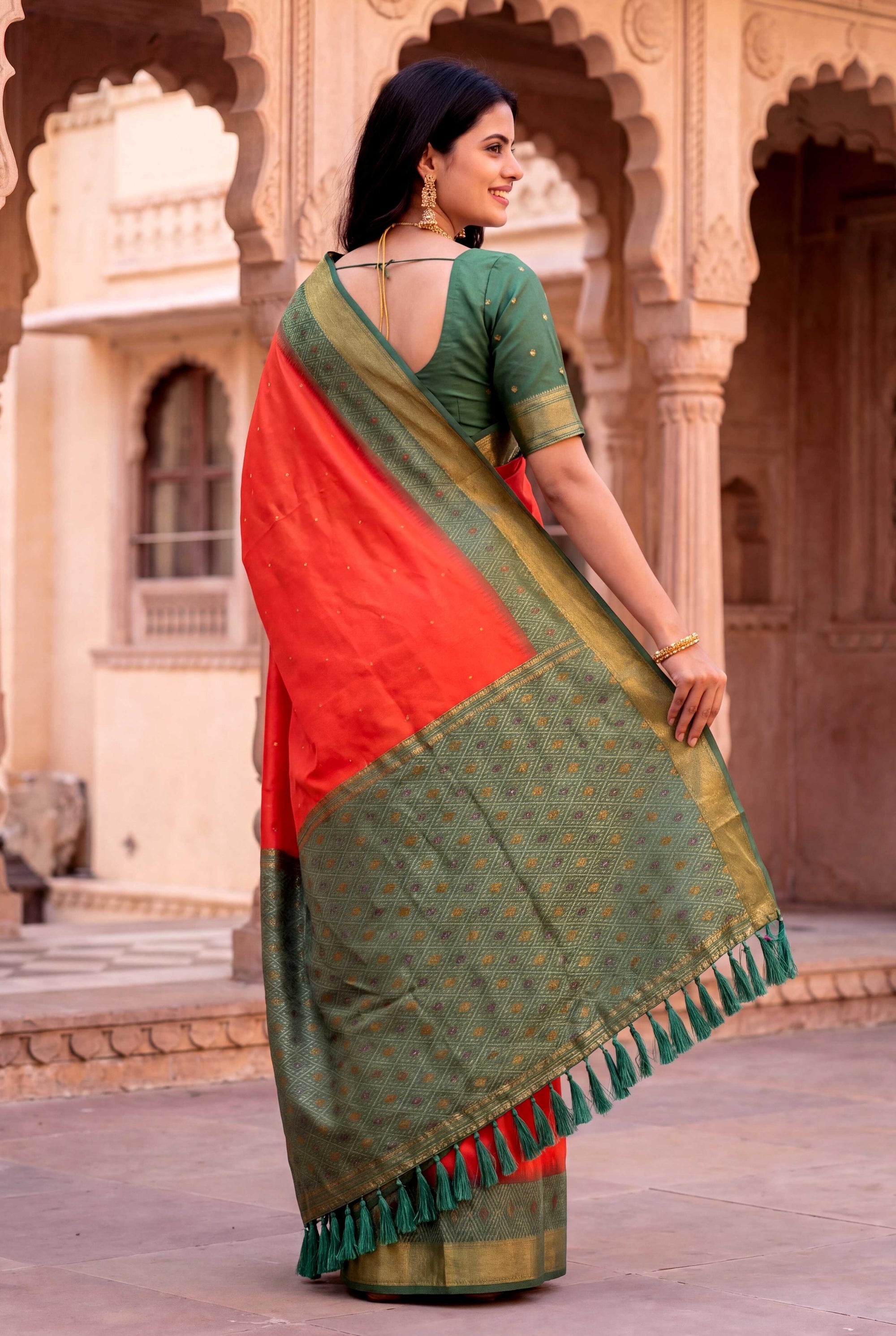 Peach Soft Ikkat Pochampally Patola Silk Zari Woven Saree