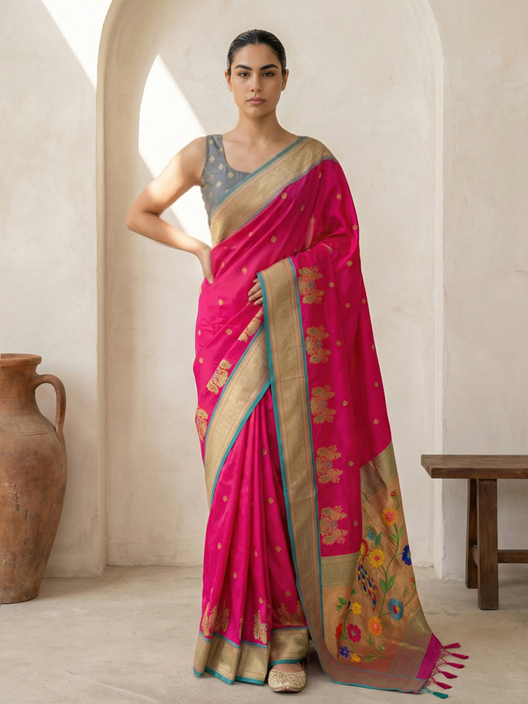 Woman wearing a pink saree with a gold border in an indoor setting