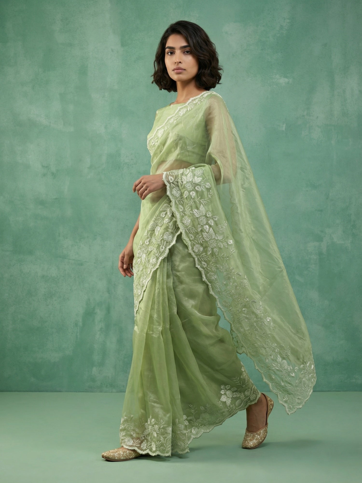 Pista Green Soft Chanda Silk with Floral Jaal Embroidery Work Designer Saree