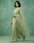 Pista Green Soft Chanda Silk with Floral Jaal Embroidery Work Designer Saree