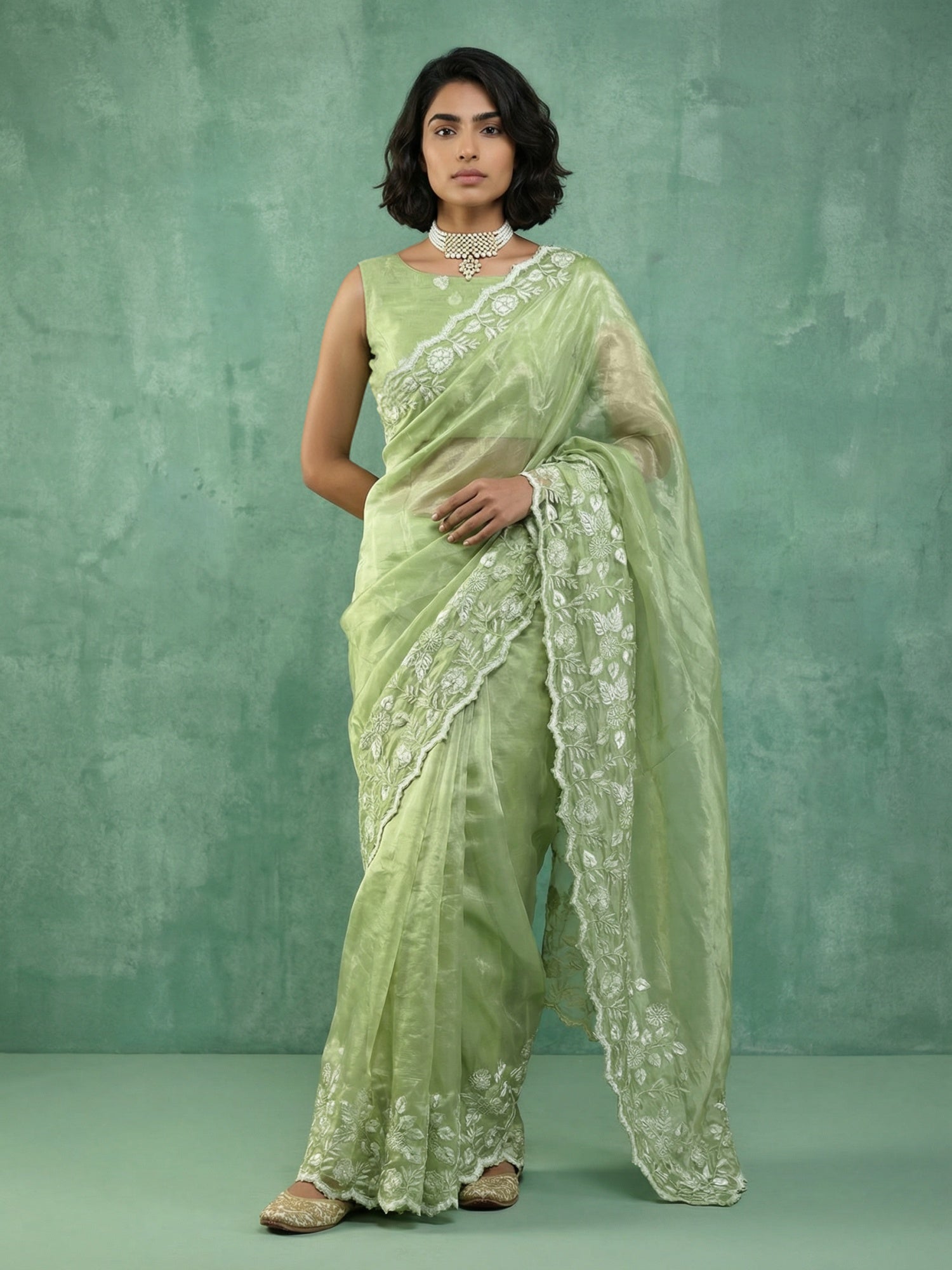 Pista Green Soft Chanda Silk with Floral Jaal Embroidery Work Designer Saree