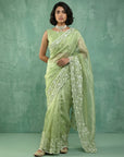 Pista Green Soft Chanda Silk with Floral Jaal Embroidery Work Designer Saree