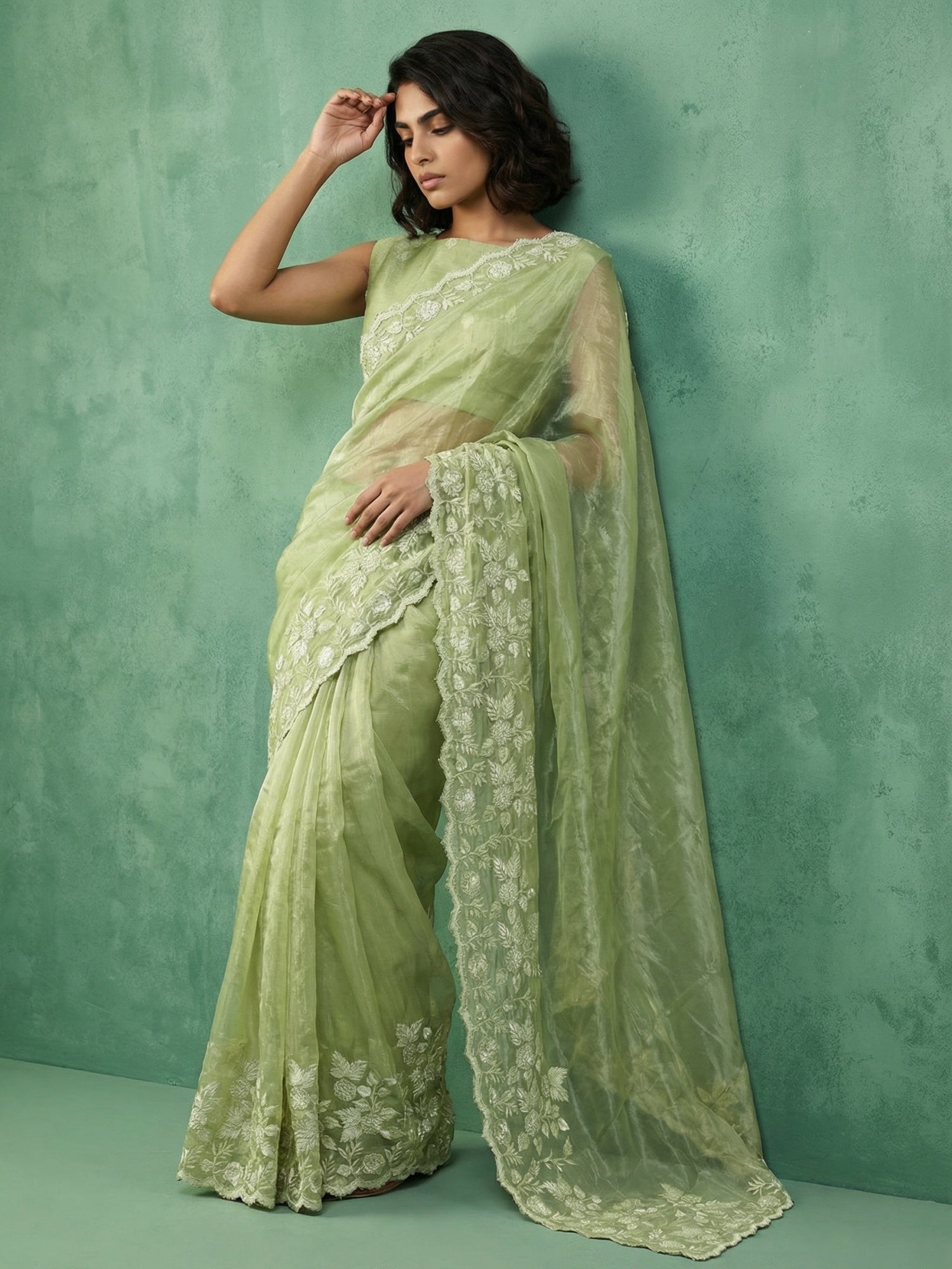Pista Green Soft Chanda Silk with Floral Jaal Embroidery Work Designer Saree