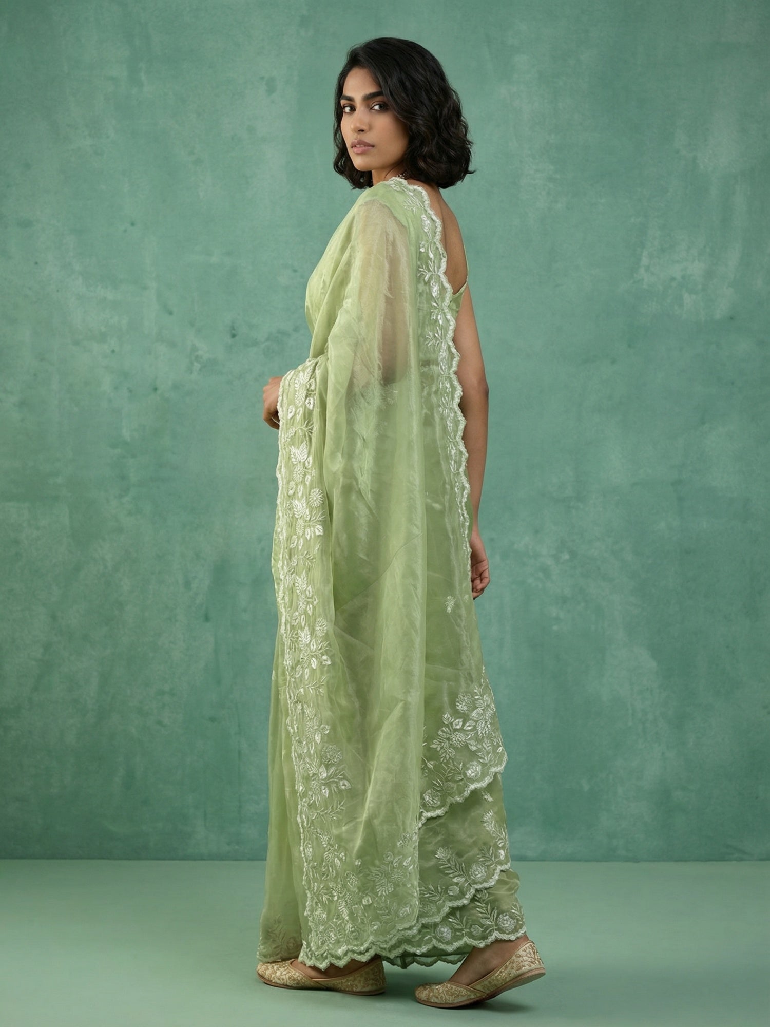 Pista Green Soft Chanda Silk with Floral Jaal Embroidery Work Designer Saree