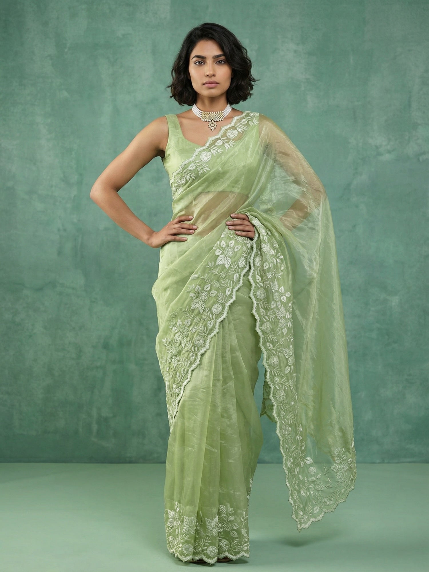 Pista Green Soft Chanda Silk with Floral Jaal Embroidery Work Designer Saree