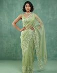 Pista Green Soft Chanda Silk with Floral Jaal Embroidery Work Designer Saree