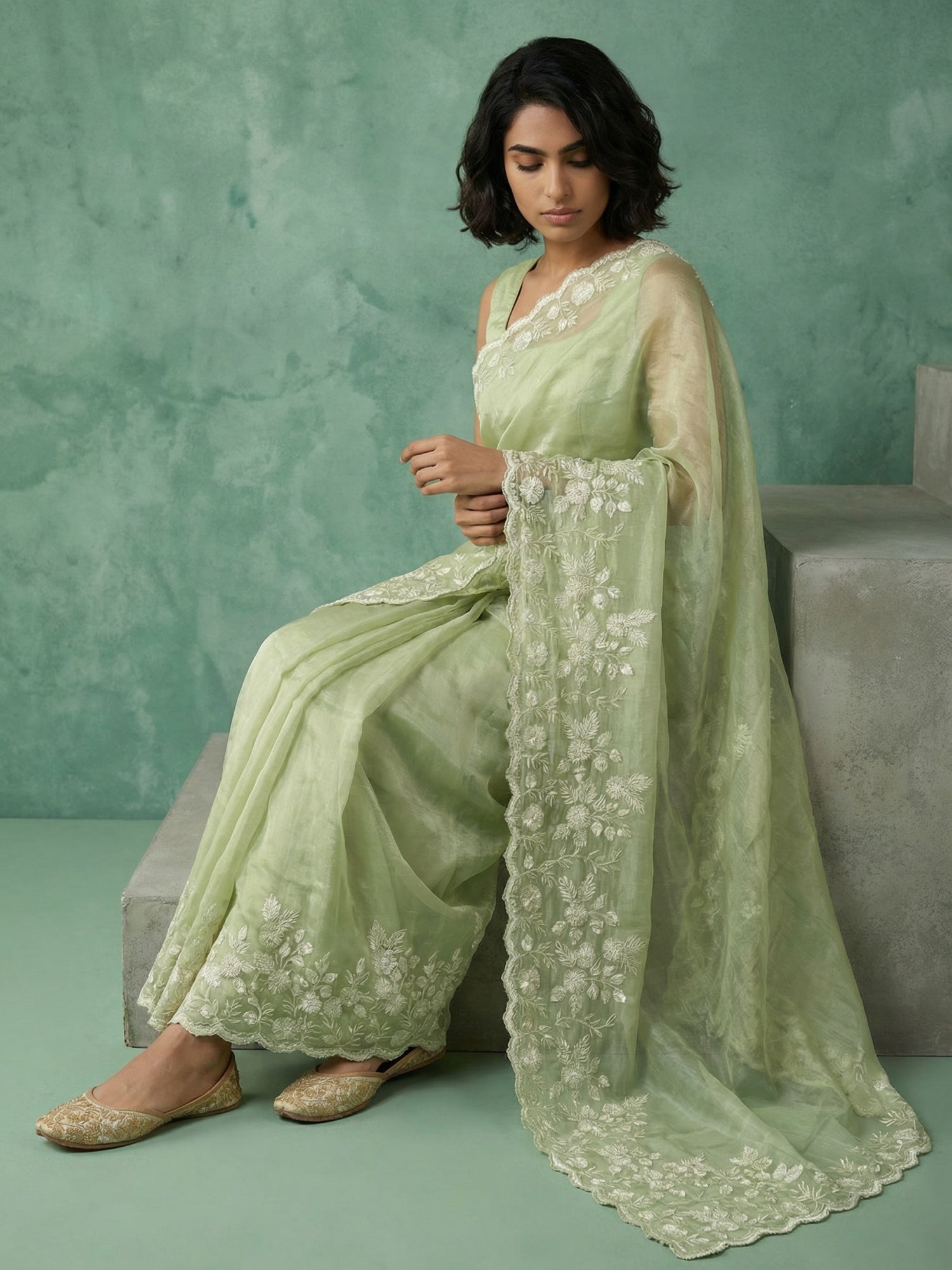 Pista Green Soft Chanda Silk with Floral Jaal Embroidery Work Designer Saree