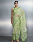 Woman wearing a light green saree with a subtle pattern on a plain background