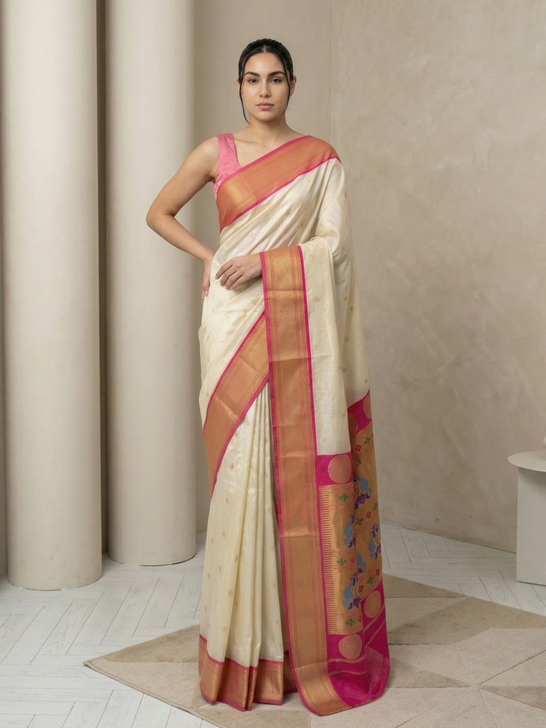 Woman wearing a cream saree with pink and orange border in a minimalistic setting