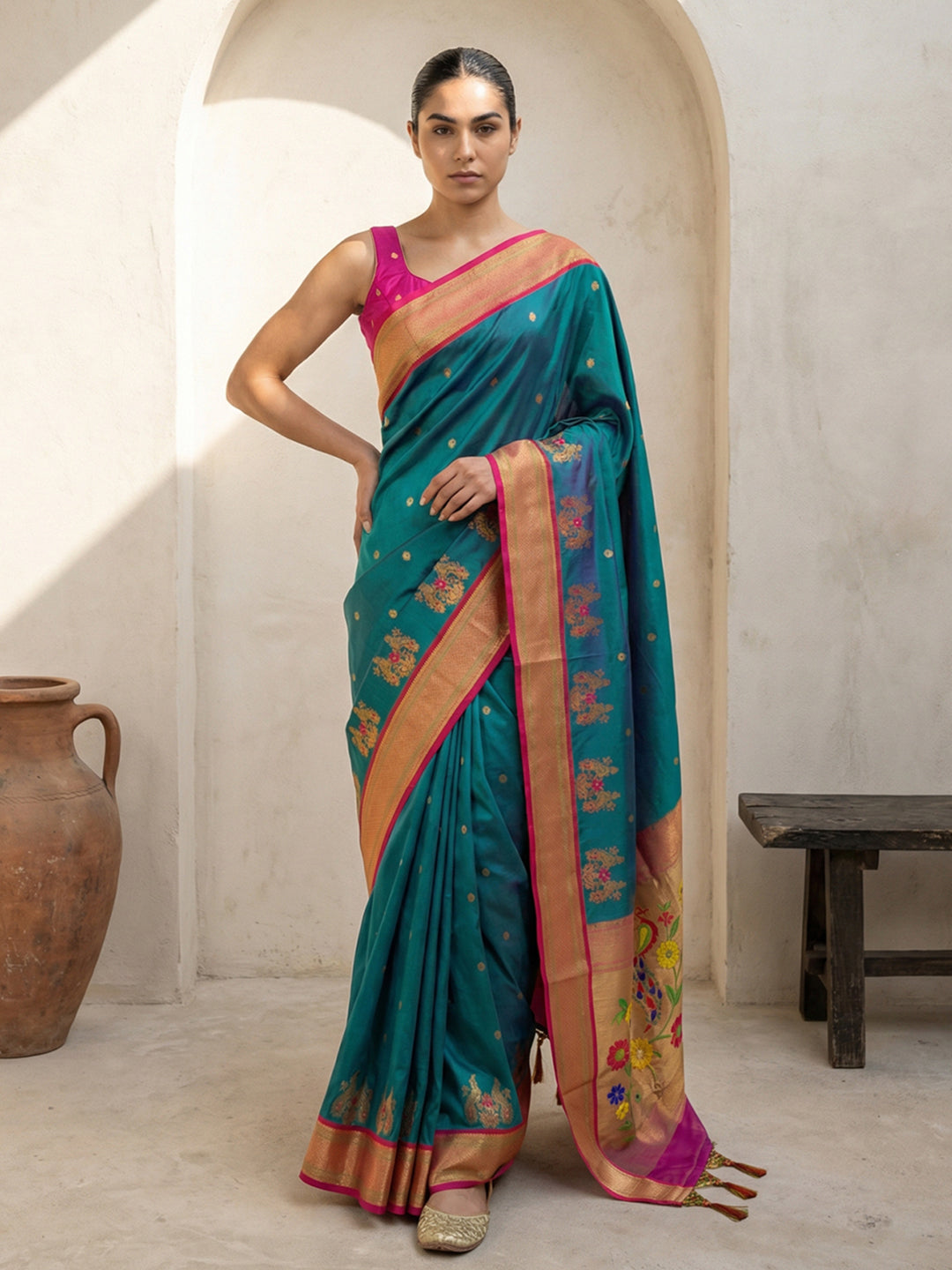 Woman wearing a teal saree with a pink blouse in a minimalistic setting.