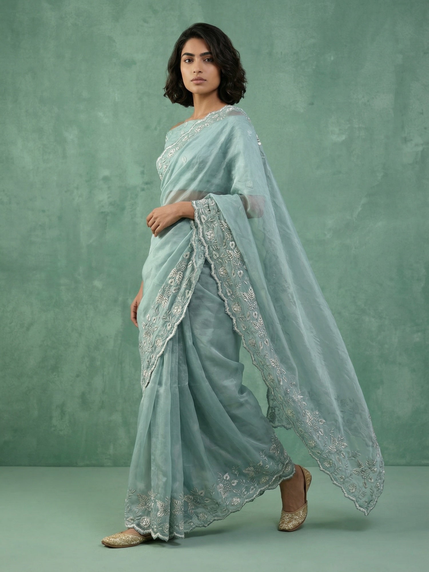 Sky Blue Soft Chanda Silk with Floral Jaal Embroidery Work Designer Saree