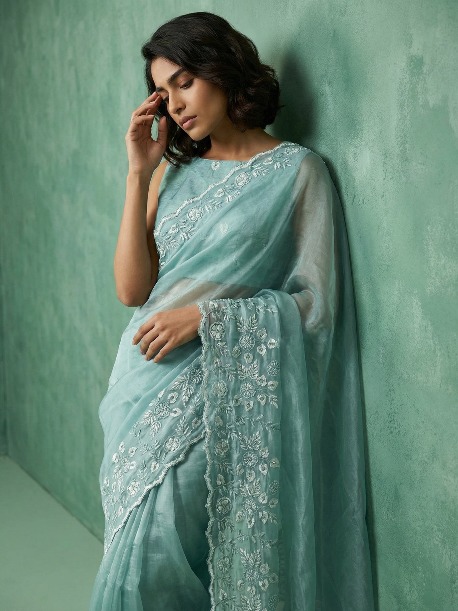 Sky Blue Soft Chanda Silk with Floral Jaal Embroidery Work Designer Saree