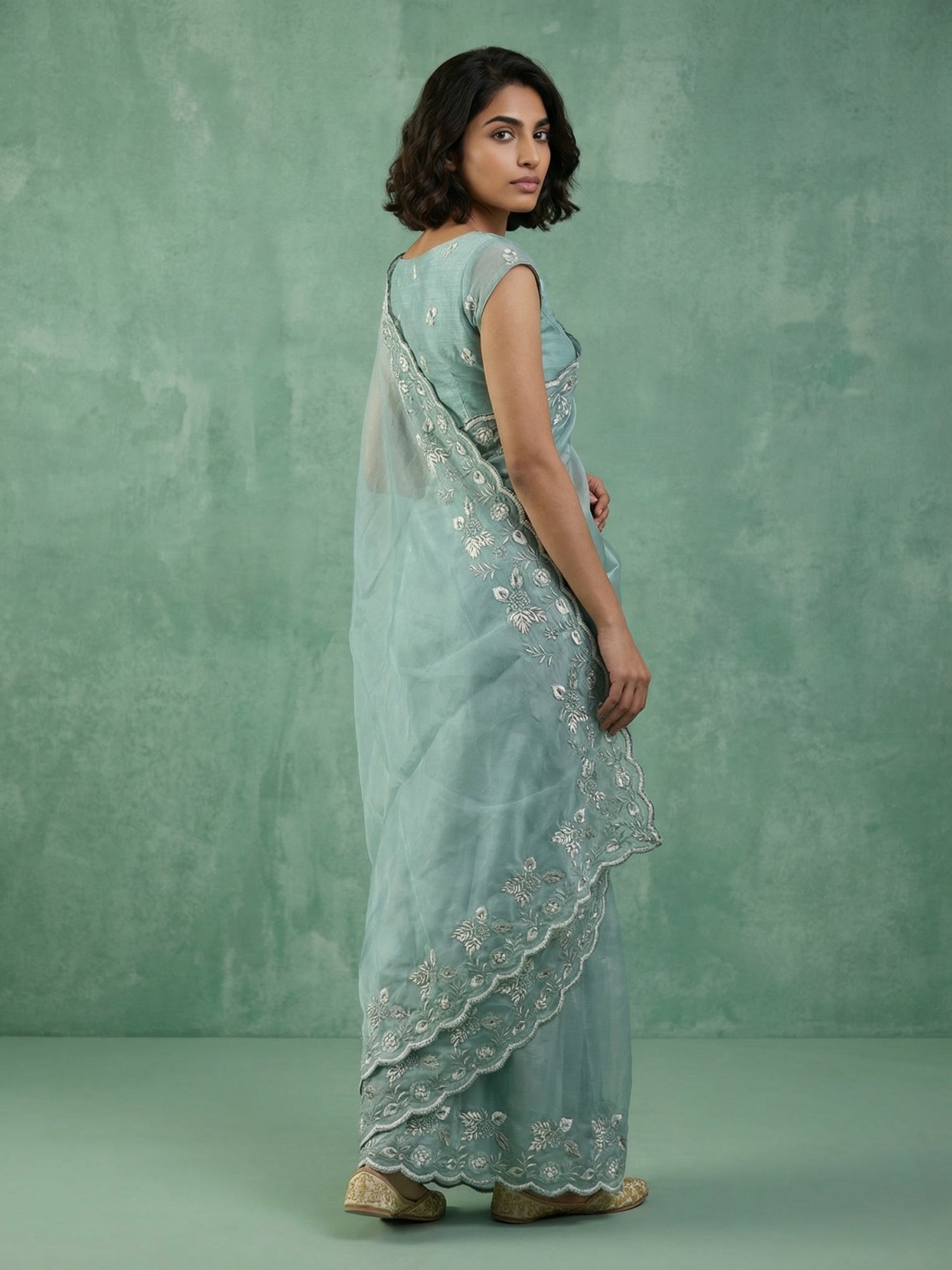 Sky Blue Soft Chanda Silk with Floral Jaal Embroidery Work Designer Saree