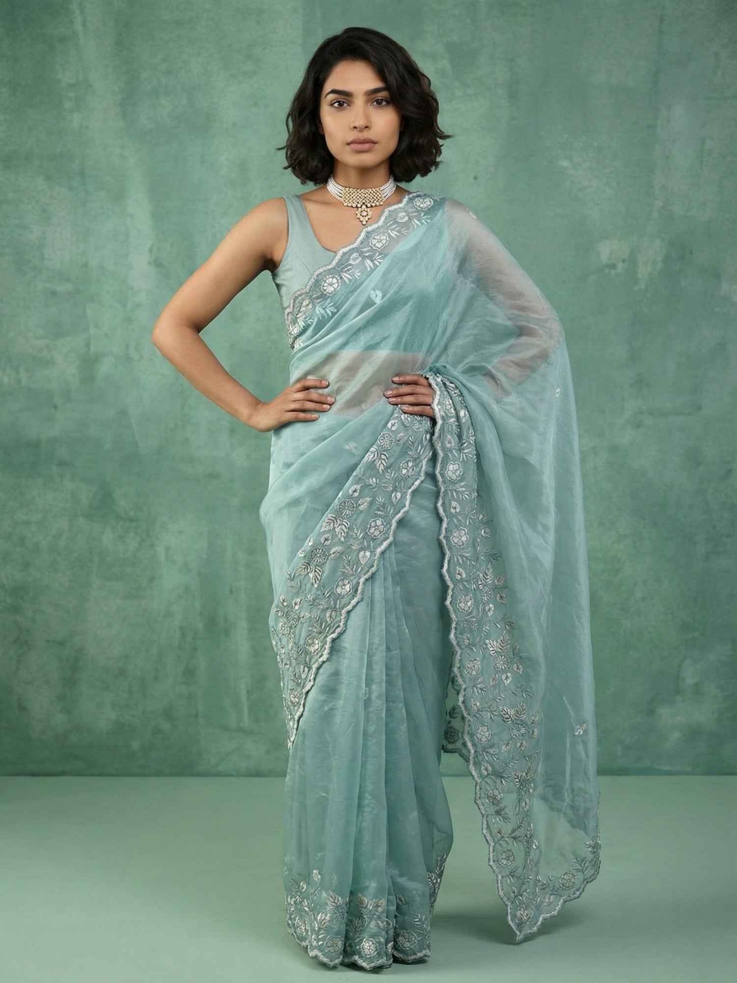 Sky Blue Soft Chanda Silk with Floral Jaal Embroidery Work Designer Saree